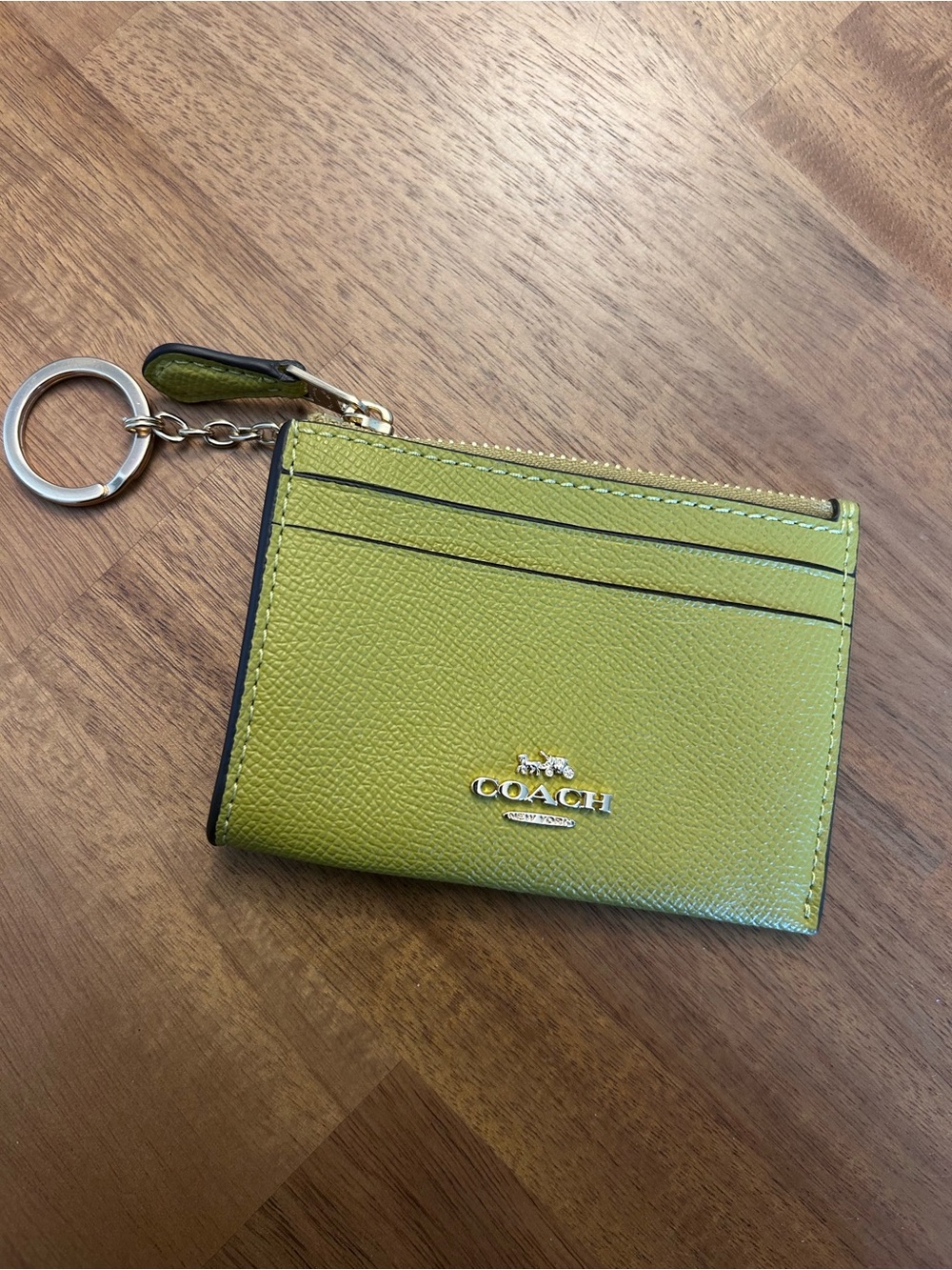 COACH Crossgrain Leather Mini Skinny ID Key Ring Card Case - Chartreuse